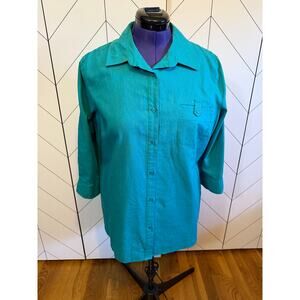 Jaclyn Smith Women’s XL Linen Cotton Teal Long Sleeve Button Down Pocket Casual